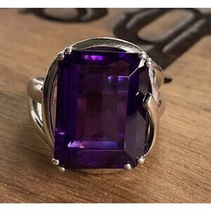 Modern Estate JW 925 Sterling Silver Emerald Cut Purple Amethyst Ring Size 7.5